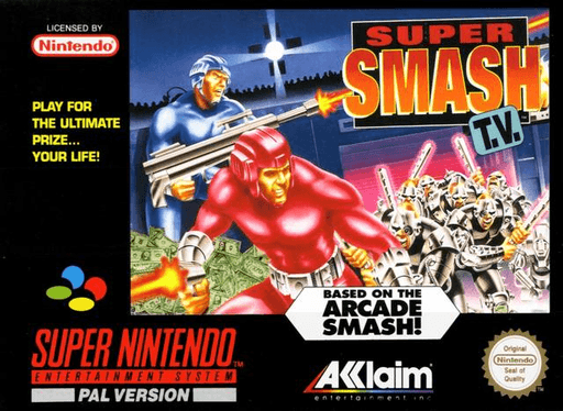 Super Smash TV SNES cover art reference for custom cartridge, PAL version.