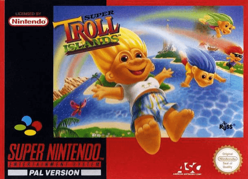 Super Troll Islands SNES cover art reference for custom cartridge, PAL version.