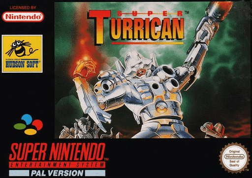 Super Turrican SNES cover art reference for custom cartridge, PAL version.