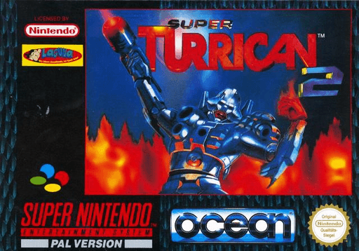 Super Turrican 2 SNES cover art reference for custom cartridge, PAL version.