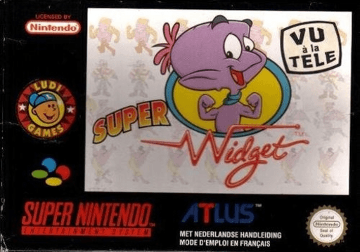 Super Widget SNES cover art reference for custom cartridge, PAL version.