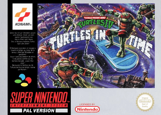 Teenage Mutant Ninja Turtles IV: Turtles SNES cover art reference for custom cartridge, PAL version.