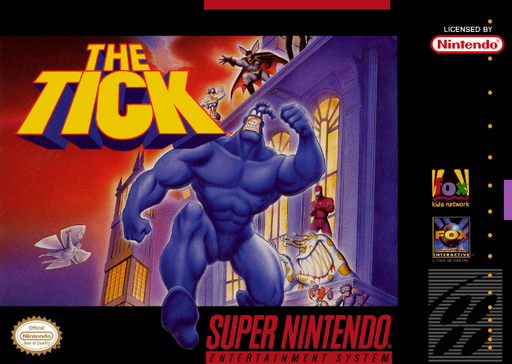 The Tick SNES cover art reference for custom cartridge, NTSC-U version.