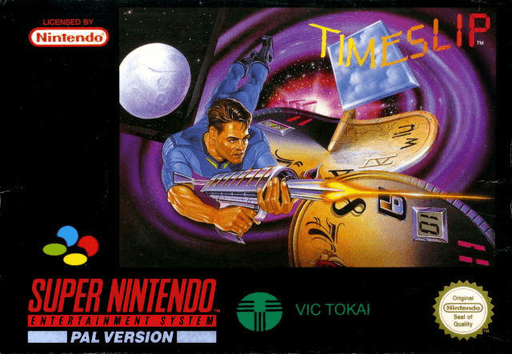 Time Slip SNES cover art reference for custom cartridge, PAL version.