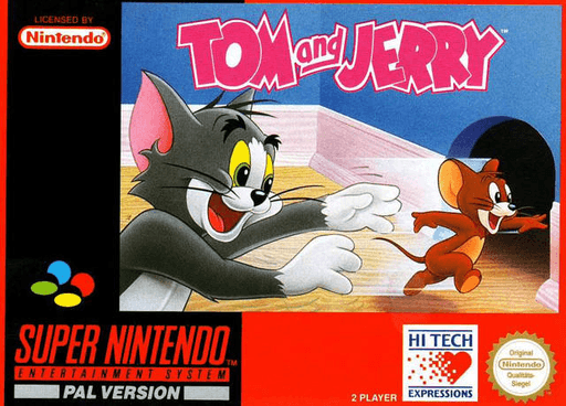 Tom and Jerry SNES cover art reference for custom cartridge, PAL version.