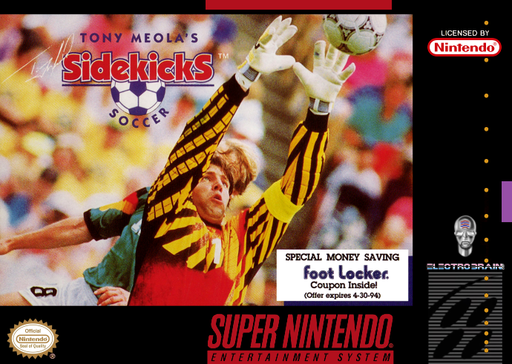 Tony Meola's Sidekicks Soccer SNES cover art reference for custom cartridge, NTSC-U version.