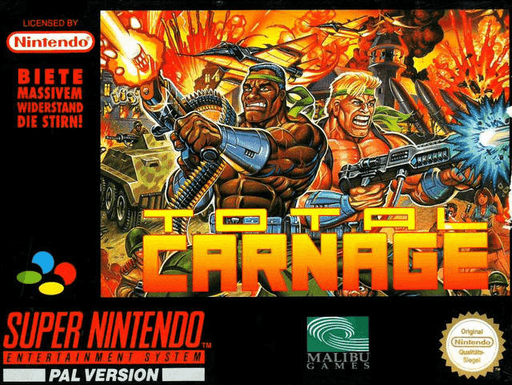 Total Carnage SNES cover art reference for custom cartridge, PAL version.