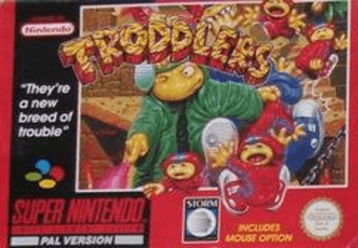 Troddlers SNES cover art reference for custom cartridge, PAL version.
