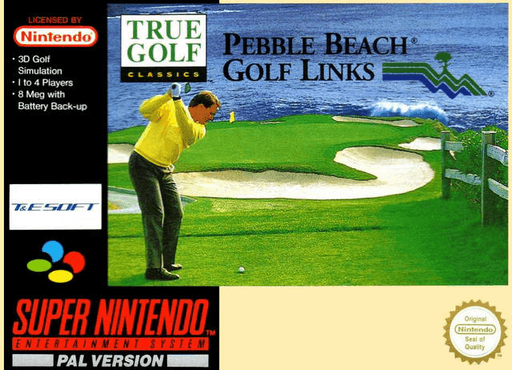 True Golf Classics: Pebble Beach Golf SNES cover art reference for custom cartridge, PAL version.
