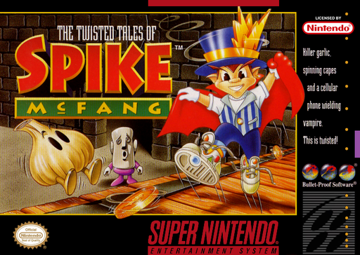 The Twisted Tales of Spike McFang SNES cover art reference for custom cartridge, NTSC-U version.