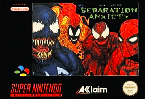 Venom/Spider-Man: Separation Anxiety SNES cover art reference for custom cartridge, PAL version.