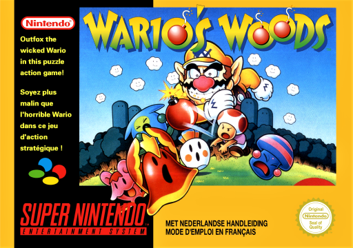 Wario's Woods SNES cover art reference for custom cartridge, PAL version.