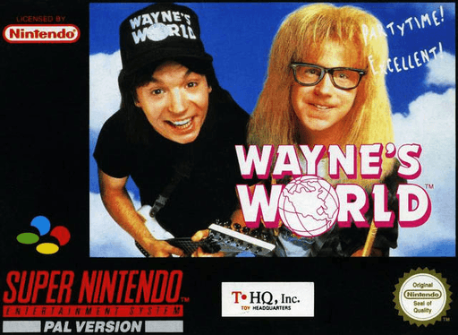 Wayne's World SNES cover art reference for custom cartridge, PAL version.