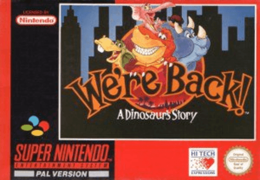 We're Back! A Dinosaur's Story SNES cover art reference for custom cartridge, PAL version.