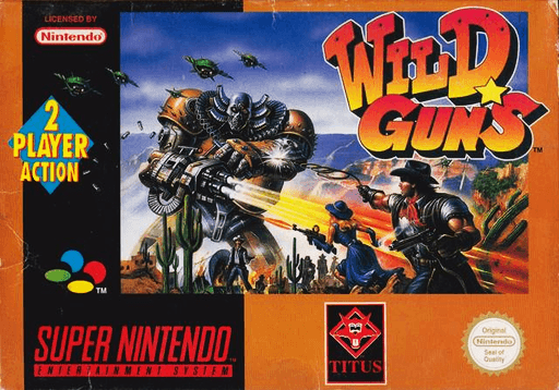 Wild Guns SNES cover art reference for custom cartridge, PAL version.