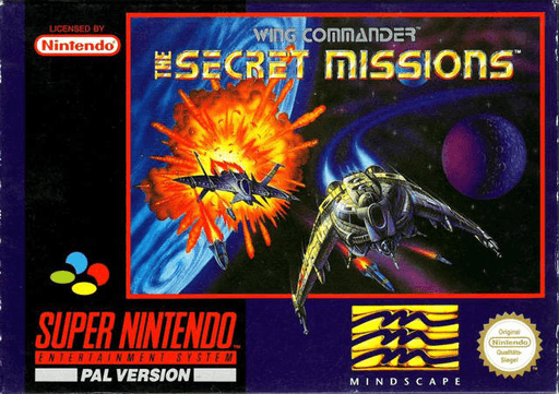 Wing Commander: The Secret Missions SNES cover art reference for custom cartridge, PAL version.
