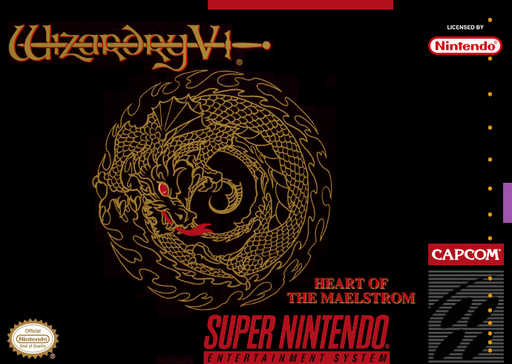 Wizardry V: Heart of the Maelstrom SNES cover art reference for custom cartridge, NTSC-U version.
