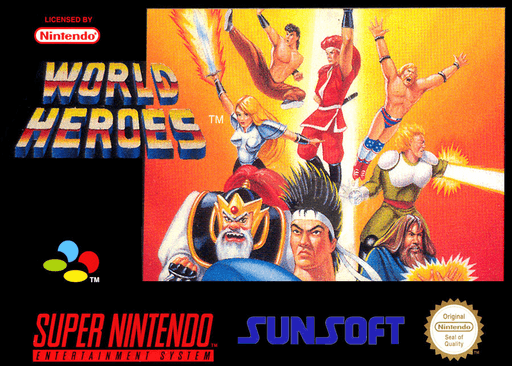 World Heroes SNES cover art reference for custom cartridge, PAL version.