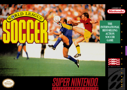 World League Soccer SNES cover art reference for custom cartridge, NTSC-U version.