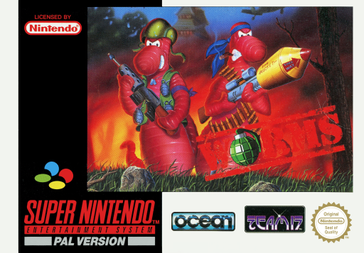Worms SNES cover art reference for custom cartridge, PAL version.