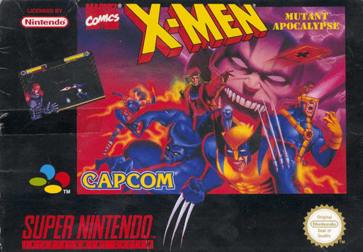 X-Men: Mutant Apocalypse SNES cover art reference for custom cartridge, PAL version.