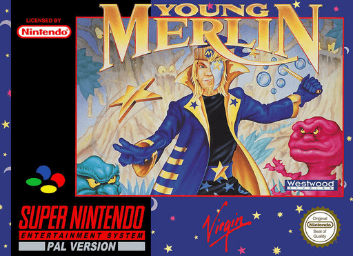 Young Merlin SNES cover art reference for custom cartridge, PAL version.
