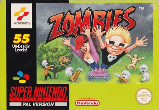 Zombies Ate My Neighbors SNES cover art reference for custom cartridge, PAL version.