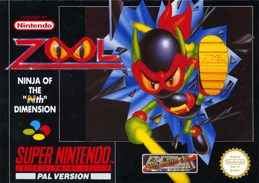 Zool: Ninja of the "Nth" Dimension SNES cover art reference for custom cartridge, PAL version.