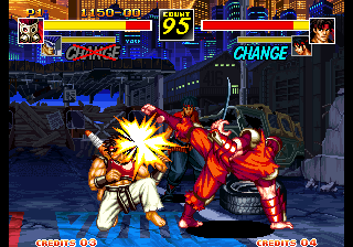 Capture d'écran de Kizuna Encounter sur Neo Geo AES, combat de SNK sorti en 1996