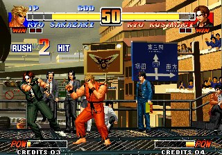 Capture d'écran de The King of Fighters '96 sur Neo Geo AES, combat de SNK sorti en 1996