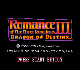 Title screen of Romance of the Three Kingdoms III - Dragon of Destiny