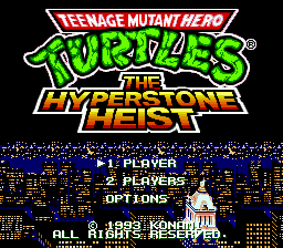 Title screen of Teenage Mutant Ninja Turtles - The Hyperstone Heist