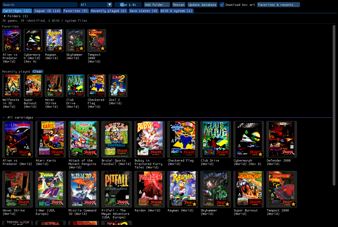 Biblioteca oficial do Virtual Jaguar com organização dos jogos