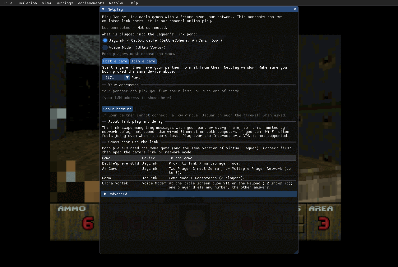 Virtual Jaguar com sistema de multiplayer em rede local