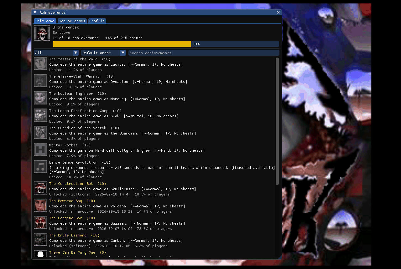 Virtual Jaguar mostrando conquistas do RetroAchievements