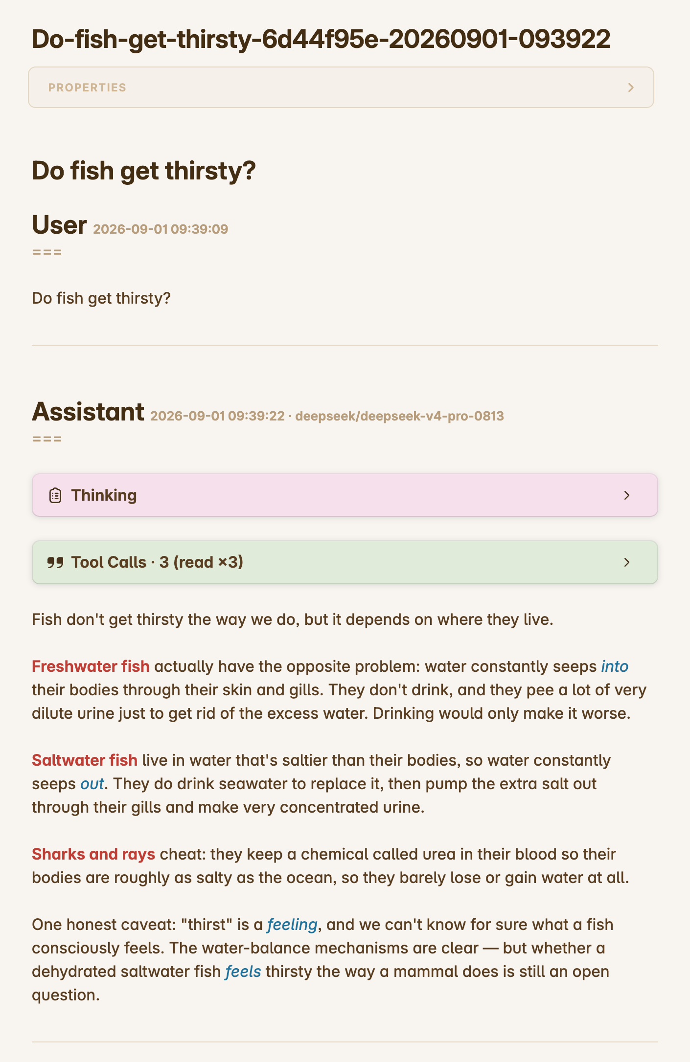 A saved conversation file rendered in Obsidian: filename in the title-key-time pattern, frontmatter folded into the Properties panel, message blocks with role headers and timestamps, and collapsed Thinking and Tool Calls callouts