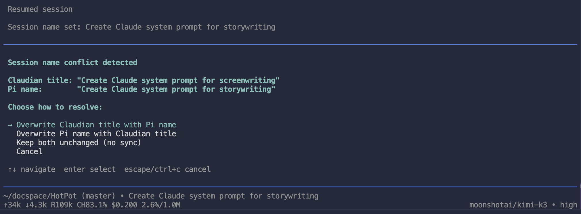 Interactive conflict-resolution prompt: sync Pi → Claudian, Claudian → Pi, keep both, or cancel