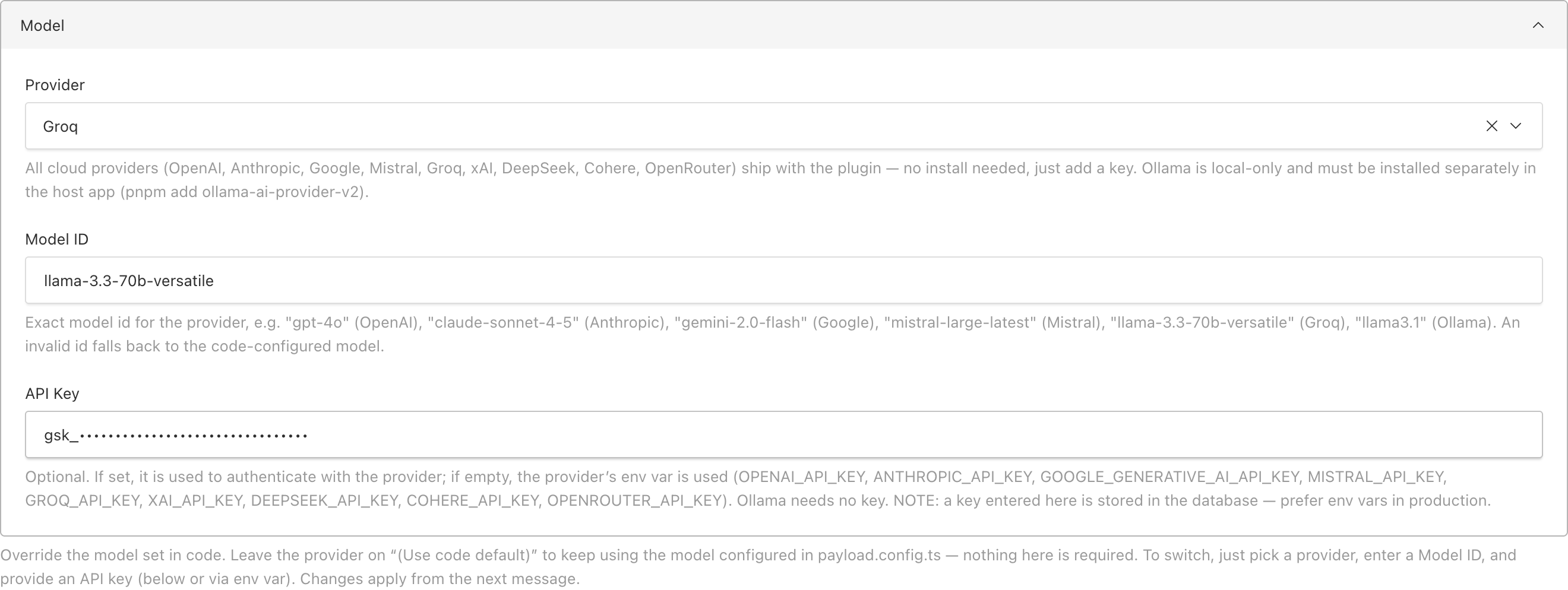 AI Agent Settings — model selection