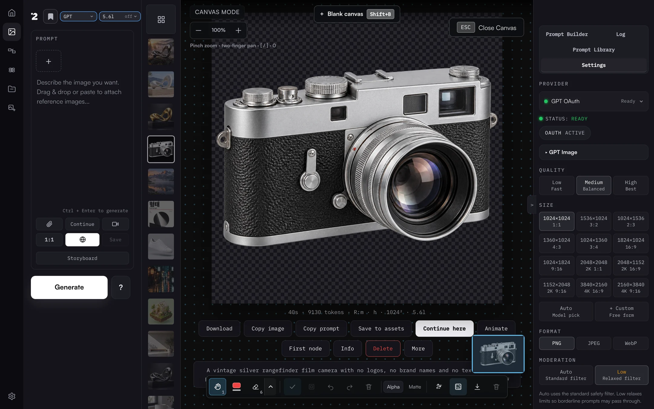 Canvas Mode showing a transparent camera cutout on a checkerboard with the canvas toolbar