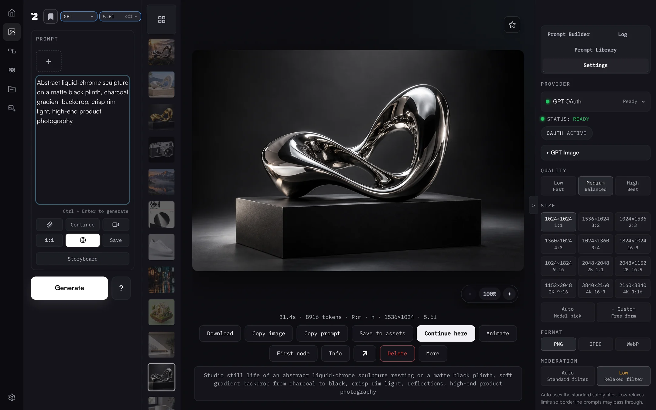 Create workspace in dark mode with a chrome sculpture result, the prompt composer on the left and GPT OAuth settings on the right