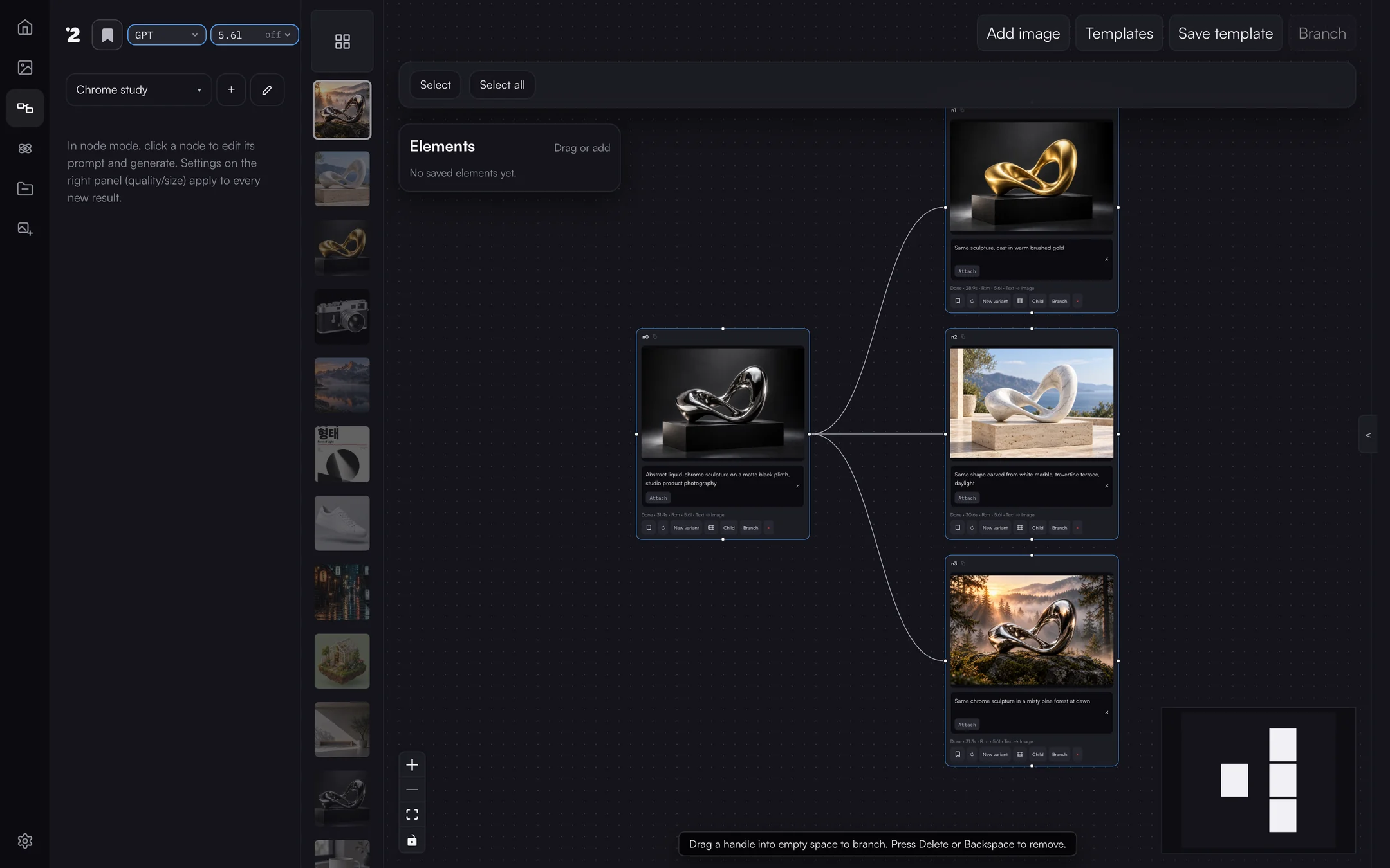 Node graph with one chrome sculpture source branching into gold, marble and forest variants