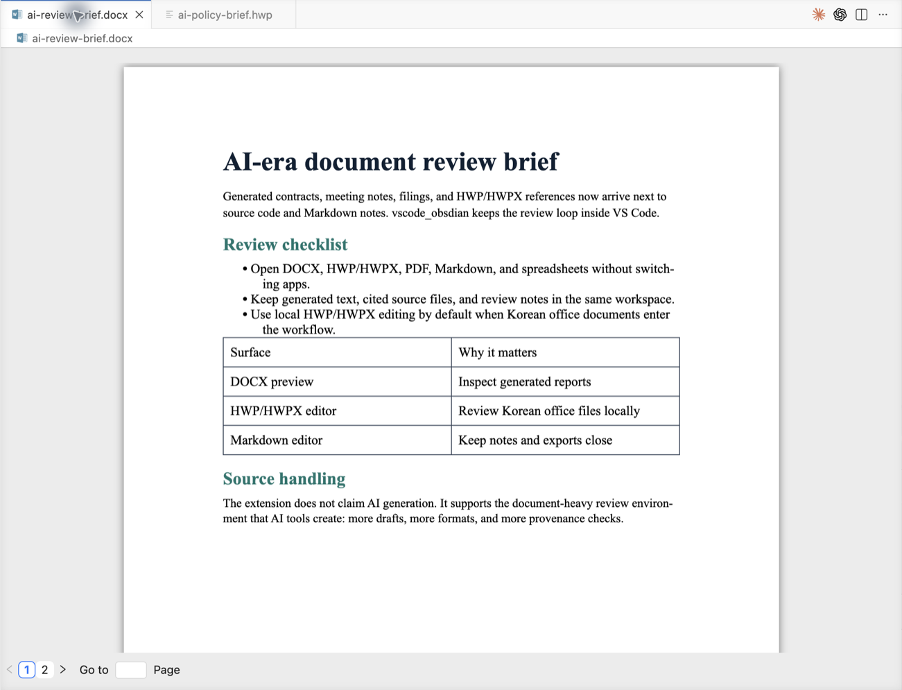 Editable DOCX review brief inside VS Code