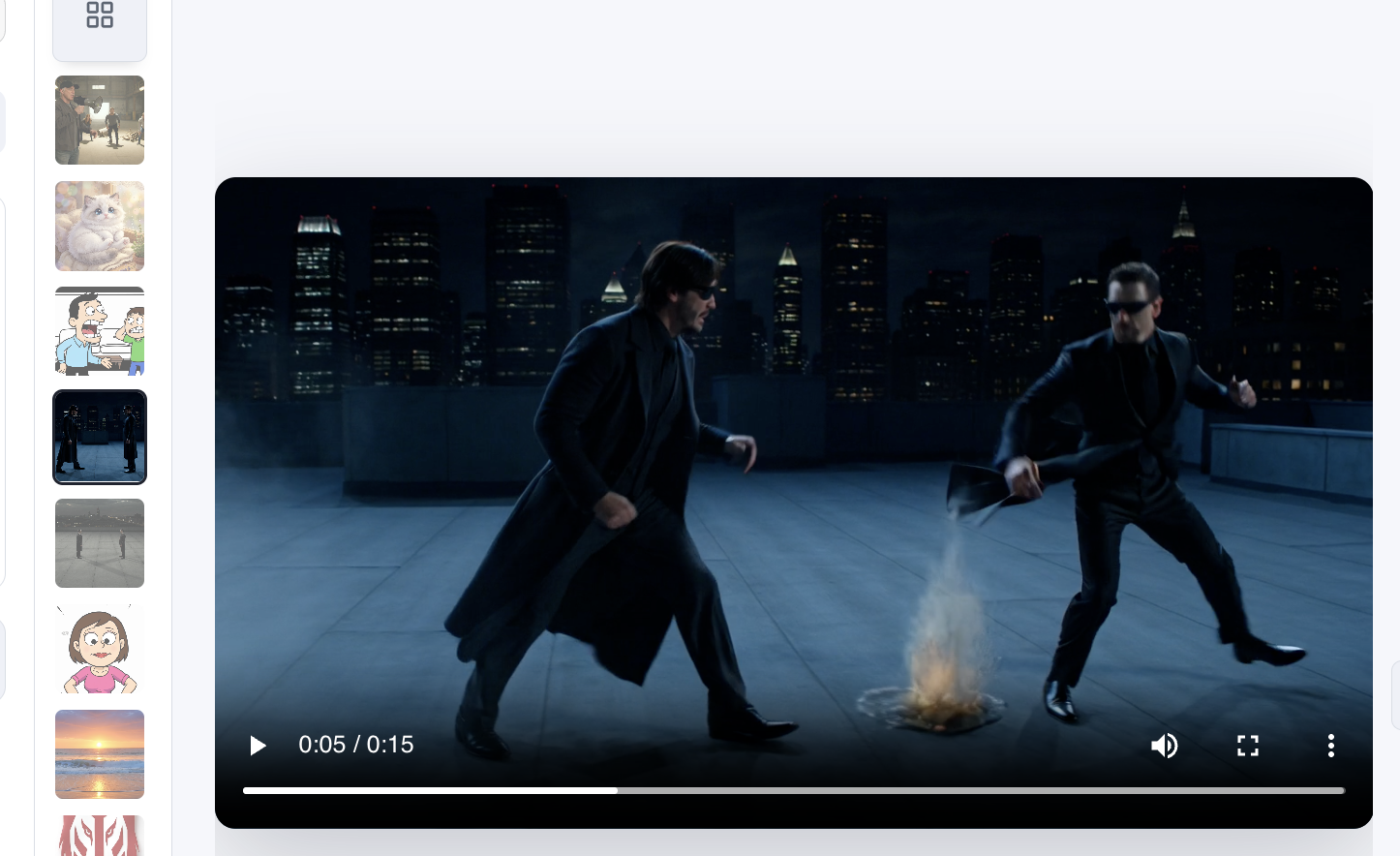 ima2-gen video playback with gallery sidebar showing generated images and videos.