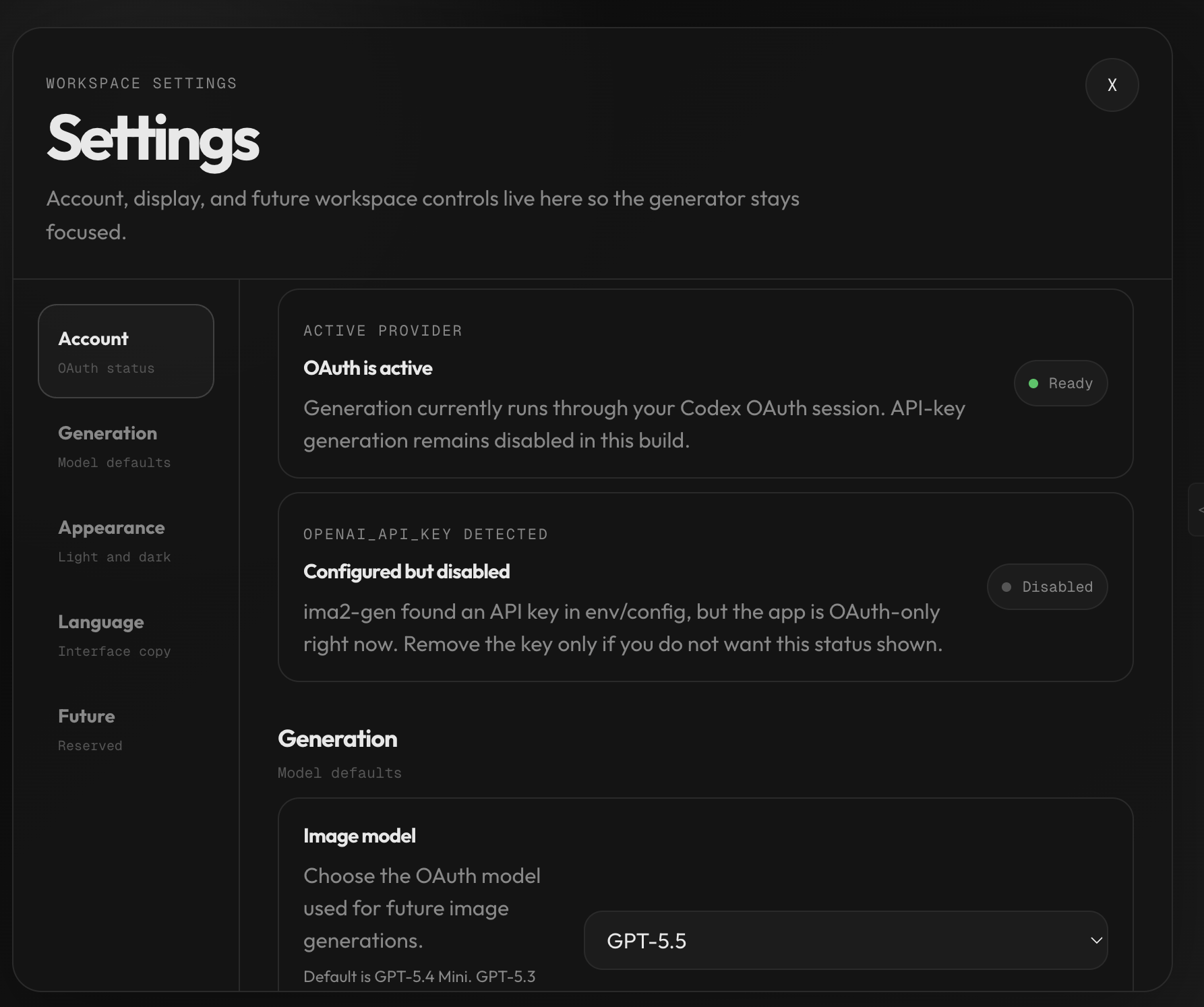 Settings workspace showing GPT OAuth active and API key provider available.