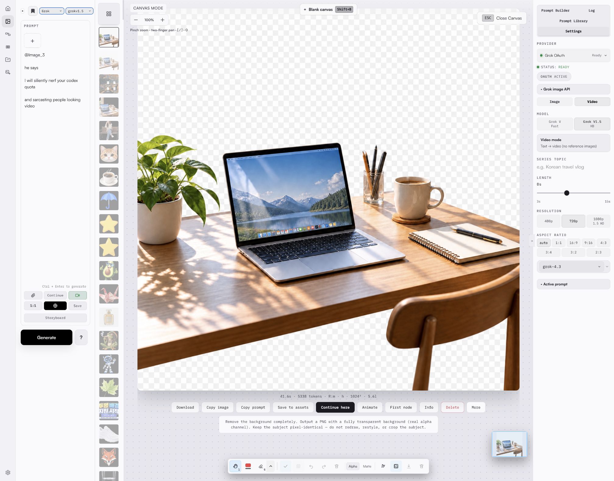 Canvas Mode in light theme with the one-click GPT transparency flow and a transparent checkerboard result.