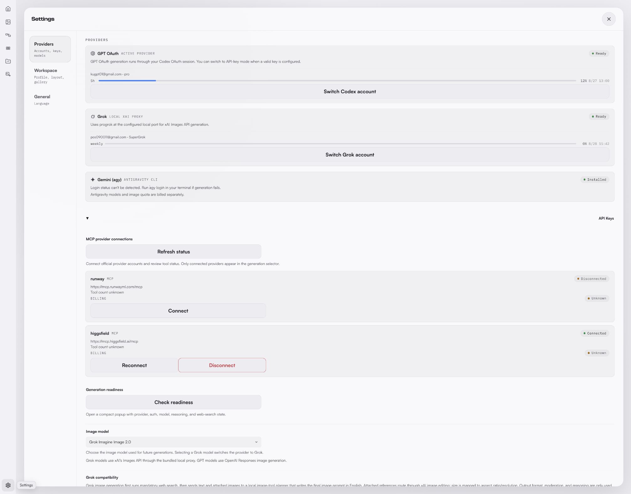 Settings appearance section with the light, dark, and system theme toggle in light mode.