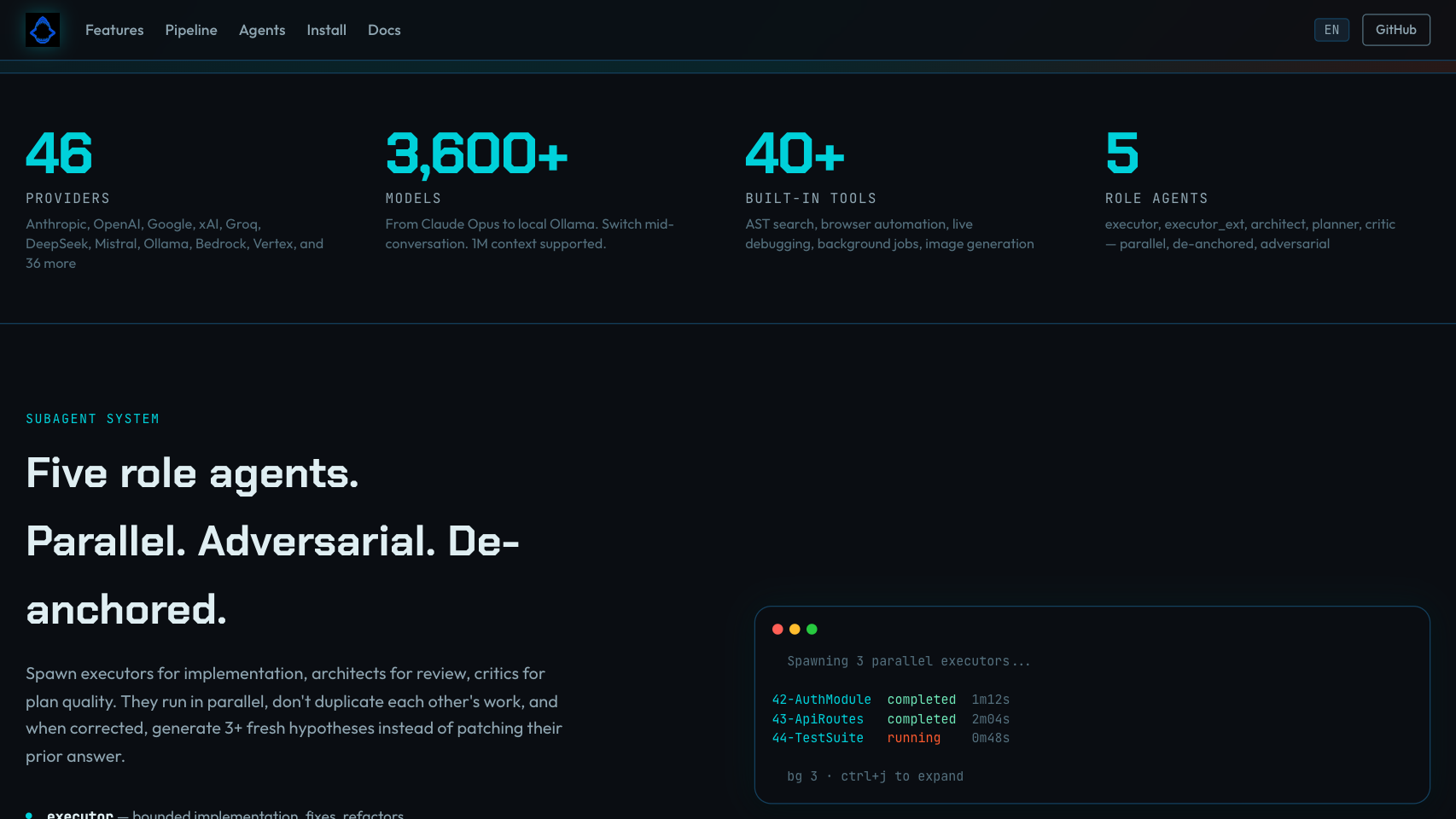 Subagent system — parallel executor fork, adversarial verification