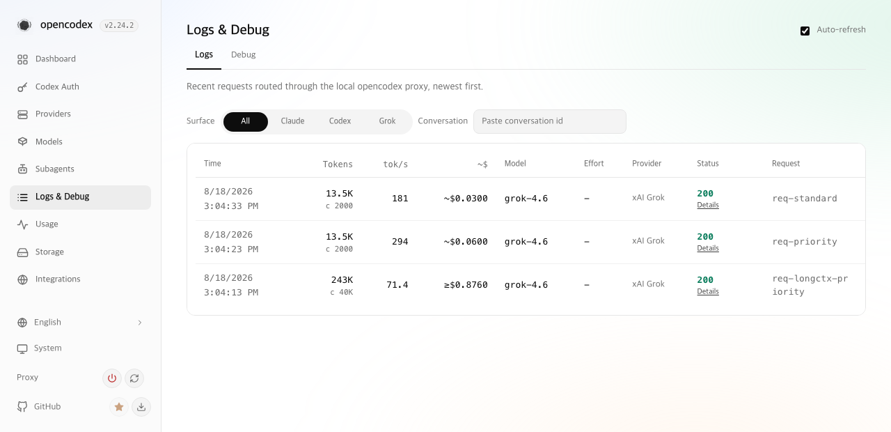 Logs & Debug showing standard, 2x priority, and lower-bound costs
