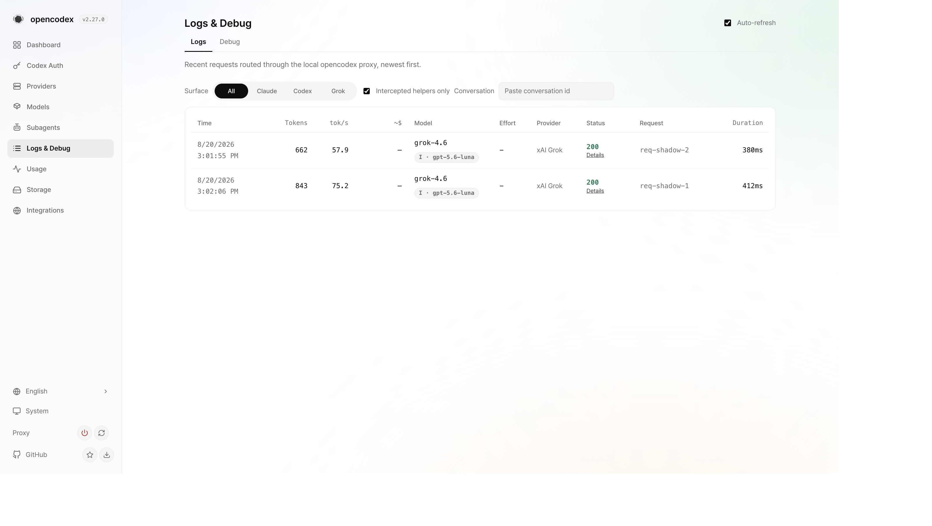 Logs filtered to intercepted helpers