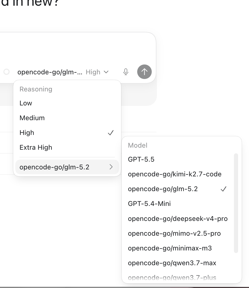 Codex App showing opencodex routed models with reasoning effort picker